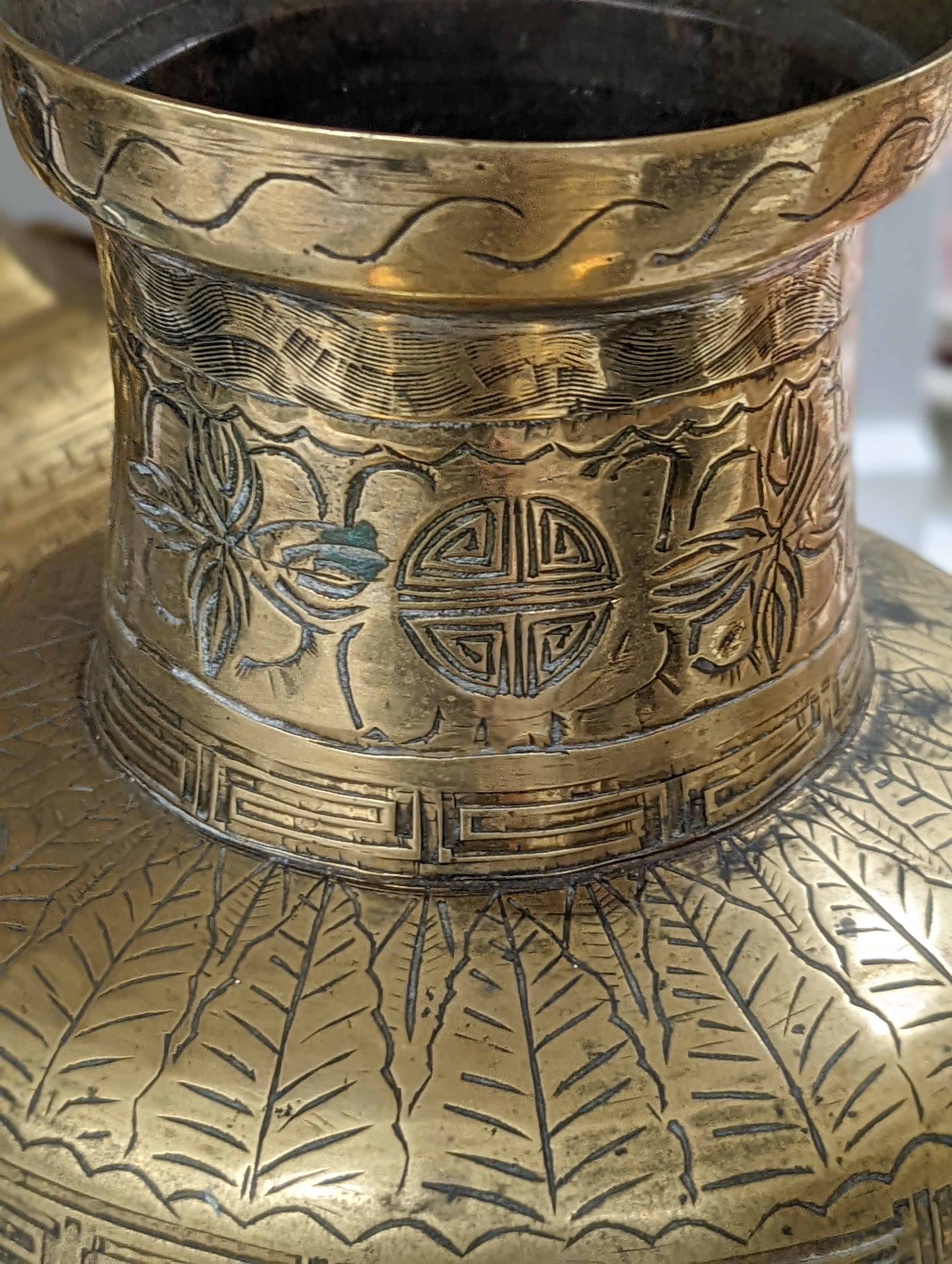 Two early 20th century Chinese bronze vases and a similar tray, 35cm diam.
